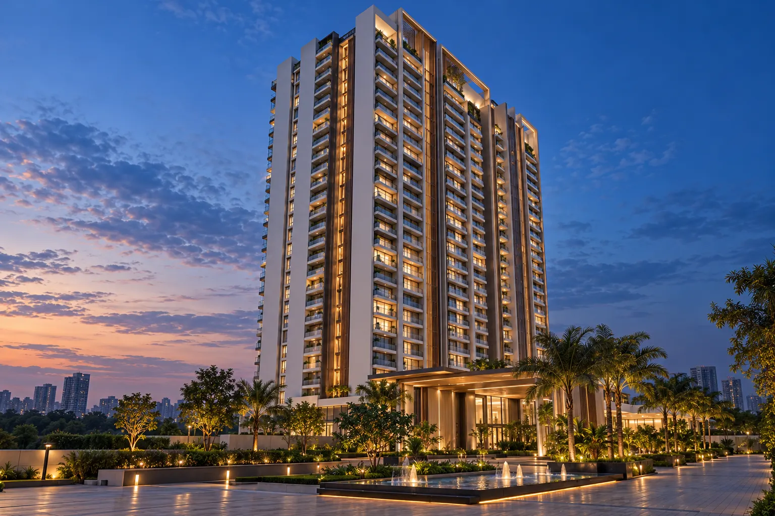 Navaya Crest tower at dusk with landscaped entrance