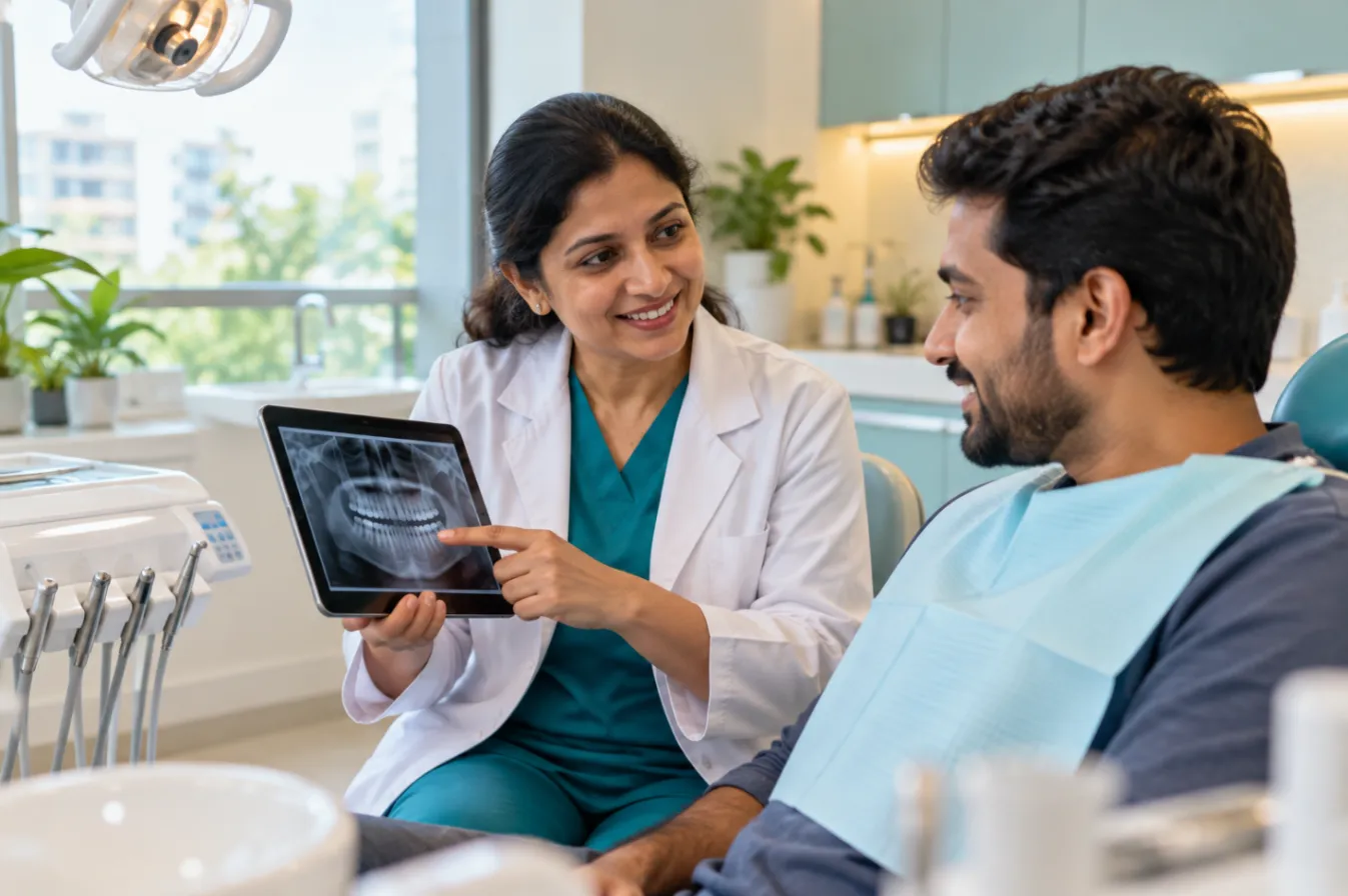 Dentist explaining a treatment to a smiling patient in a bright clinic