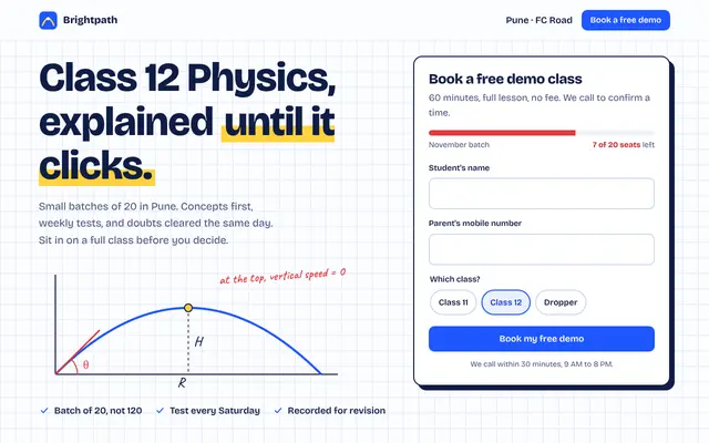 Screenshot of the Brightpath Physics Academy sample landing page: Coaching institute demo classes