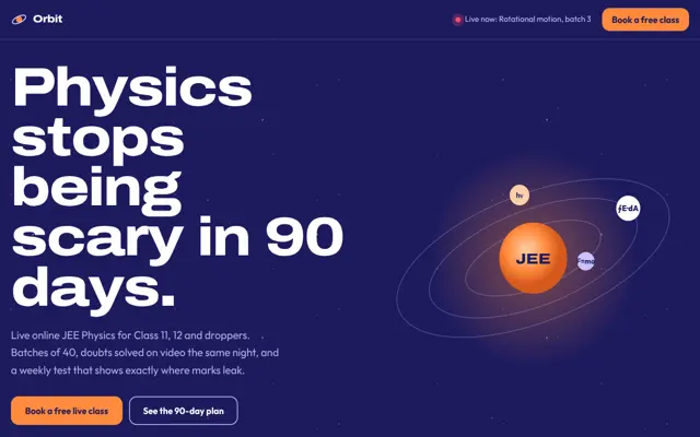 Screenshot of the Orbit Academy sample landing page: Live online physics course