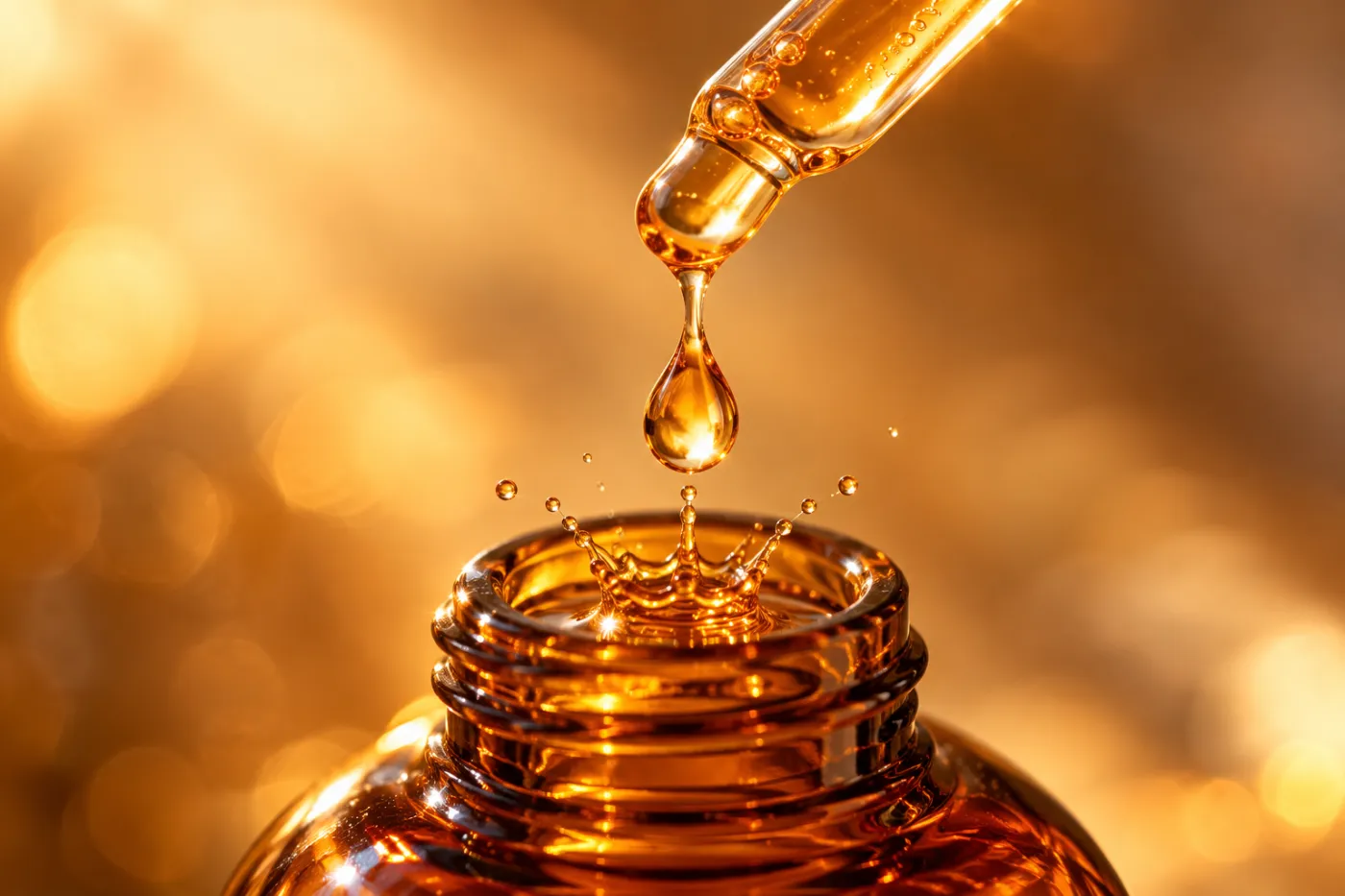 A drop of golden serum falling from a glass pipette