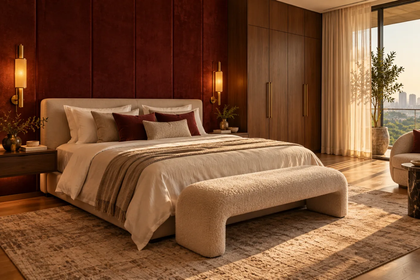 Bedroom with oxblood upholstered wall and walnut wardrobes