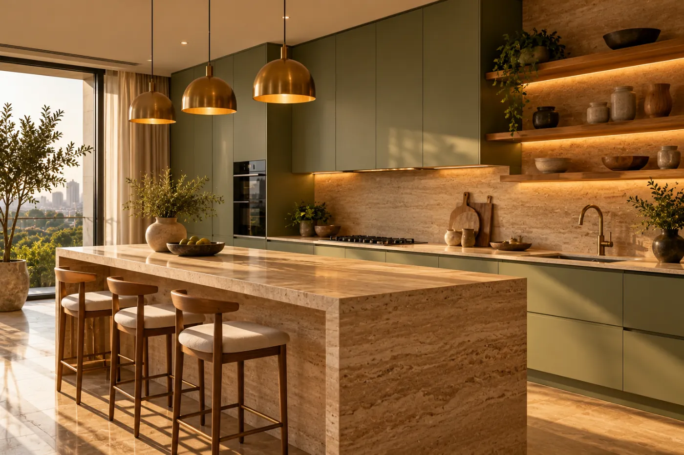 Kitchen with sage cabinets, travertine island and brass fittings