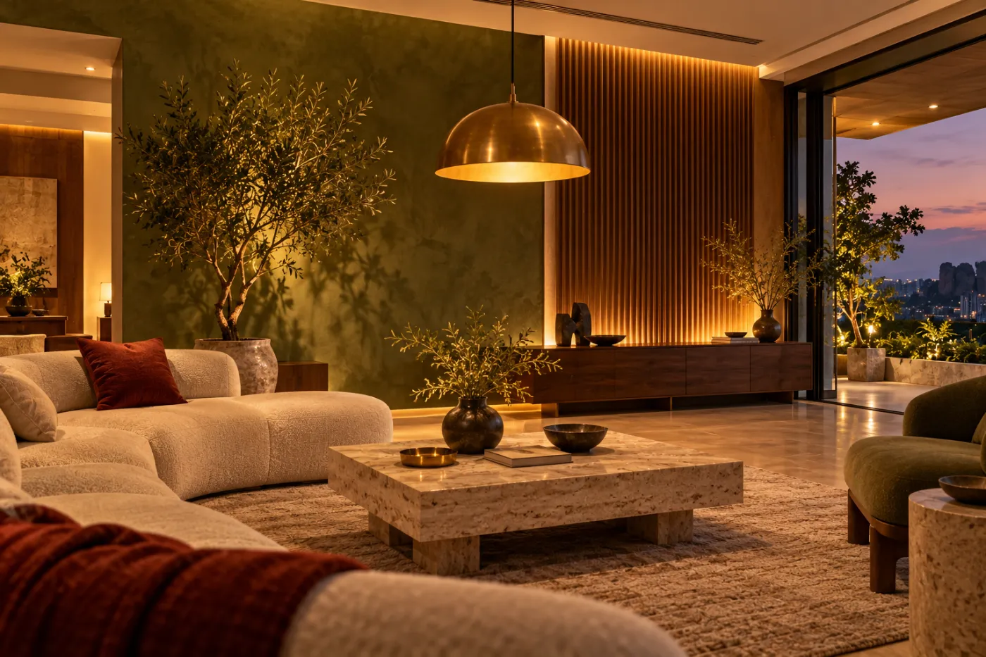 Living room with olive plaster wall, fluted teak panel and boucle sofa