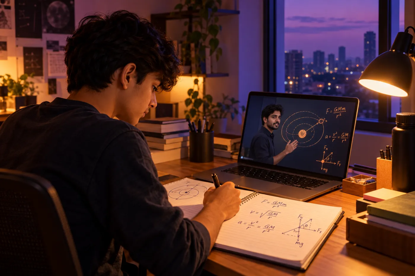 Student studying physics at a desk with a laptop in the evening