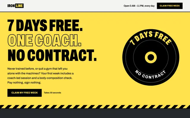 Screenshot of the Ironline Fitness sample landing page: Gym free-trial bookings