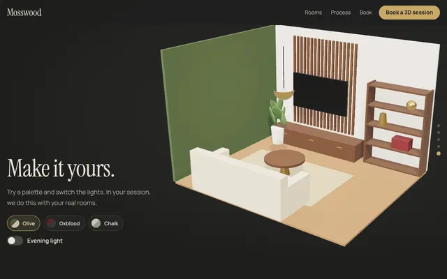 Screenshot of the Mosswood Studio sample landing page: 3D interiors studio