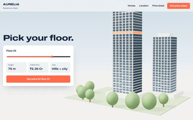 Screenshot of the Aurelia Residences sample landing page: Luxury tower with a 3D hero