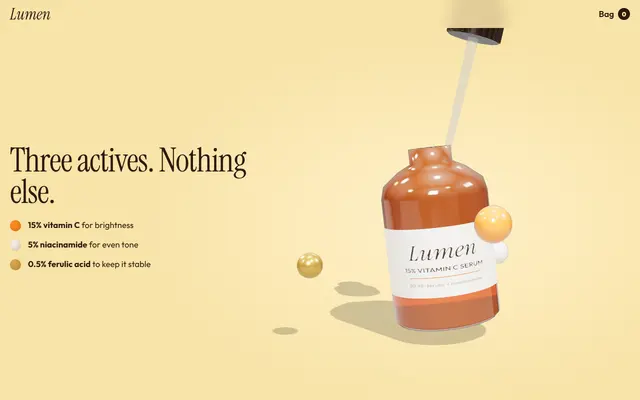 Screenshot of the Lumen Vitamin C Serum sample landing page: 3D product page for a D2C brand